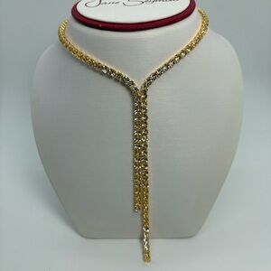 Gold Tone Cubic Zirconia Lariat Necklace And Earrings Set, Brand New